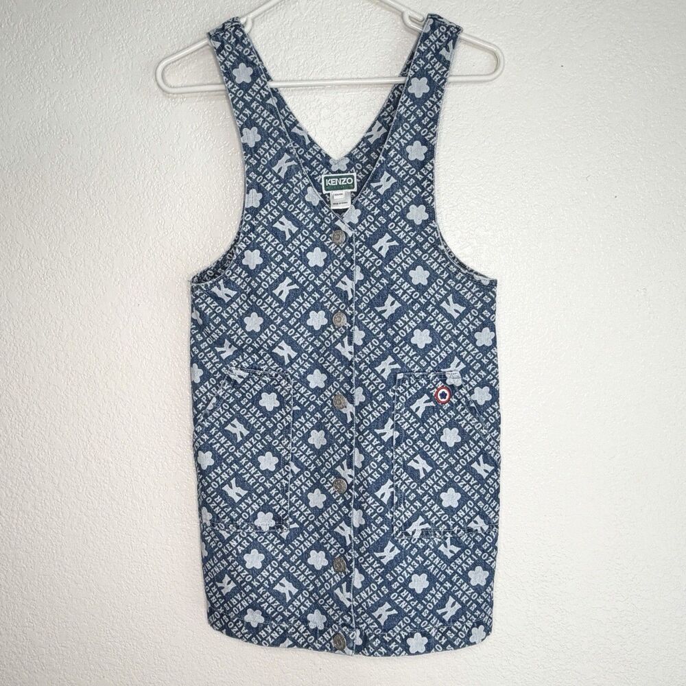 Kenzo Kids Girls Denim Dress Size 10 A Sleeveless Printed Button Front K60670